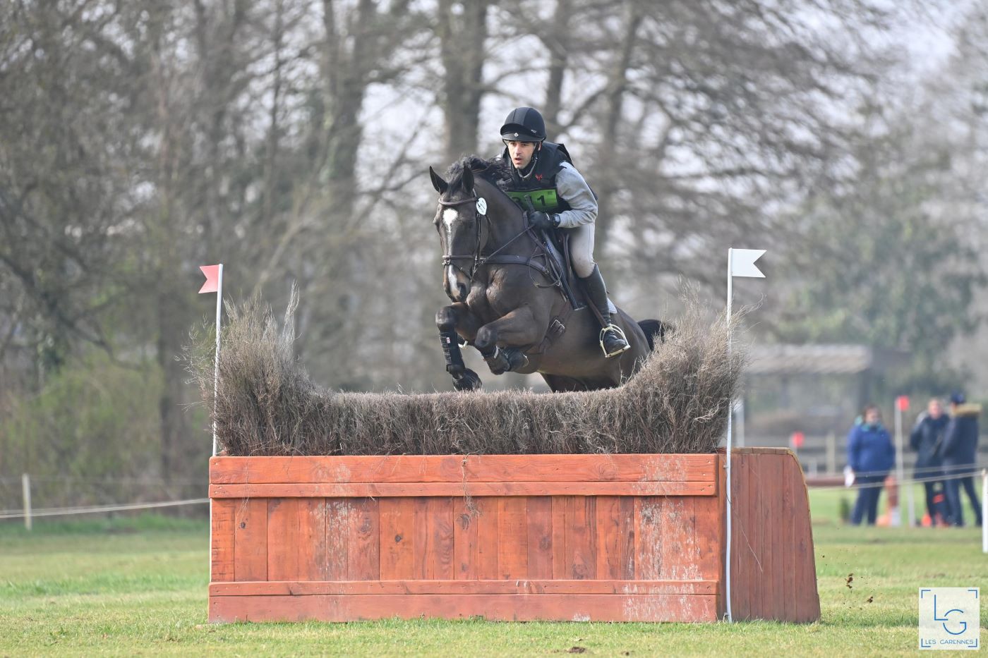 couple cheval cavalier franchissant un obstacle de cross surmonté d'une haie lors d'un CCE