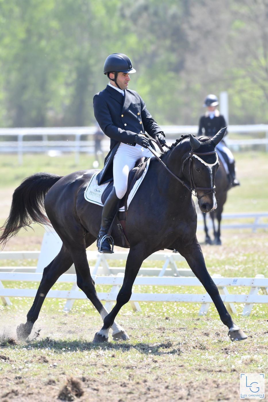 Couple cheval cavalier évoluant au trot lors d'une reprise de dressage pendant un concours complet d'équitation